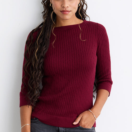 Women's Organic Cotton ¾ Sleeve Cable Boat Neck Sweater | Wine Purple | Fair Indigo | Ethically Made Clothing | Fair Trade Clothes
