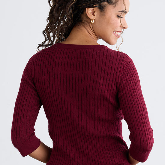 Women's Organic Cotton ¾ Sleeve Cable Boat Neck Sweater | Wine Purple | Fair Indigo | Ethically Made Clothing | Fair Trade Clothes