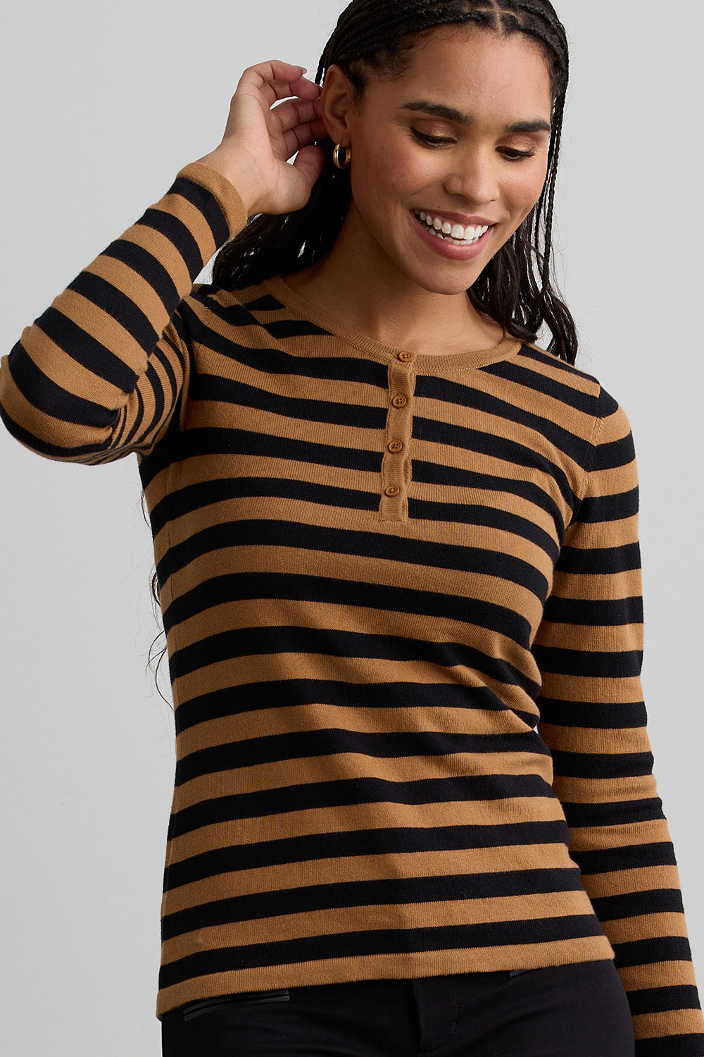 Women's Organic Cotton Stripe Henley Sweater | Black/Camel | Fair Indigo | Ethically Made Clothing | Fair Trade Clothes