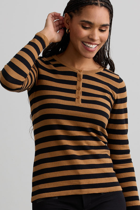 Women's Organic Cotton Stripe Henley Sweater | Black/Camel | Fair Indigo | Ethically Made Clothing | Fair Trade Clothes