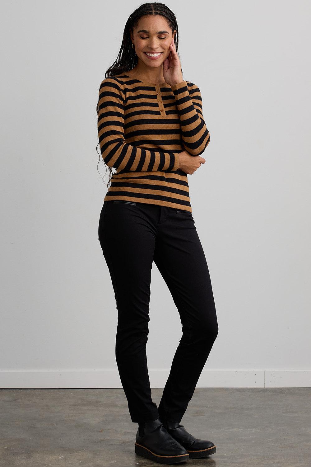 Women's Organic Cotton Stripe Henley Sweater | Black/Camel | Fair Indigo | Ethically Made Clothing | Fair Trade Clothes