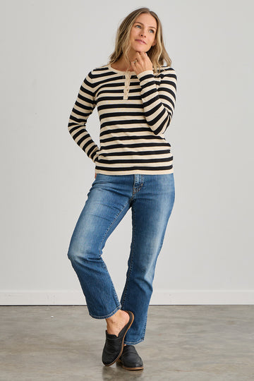 Women's Organic Cotton Stripe Henley Sweater | Black | Fair Indigo | Ethically Made Clothing | Fair Trade Clothes