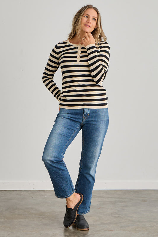 Women's Organic Cotton Stripe Henley Sweater | Black | Fair Indigo | Ethically Made Clothing | Fair Trade Clothes