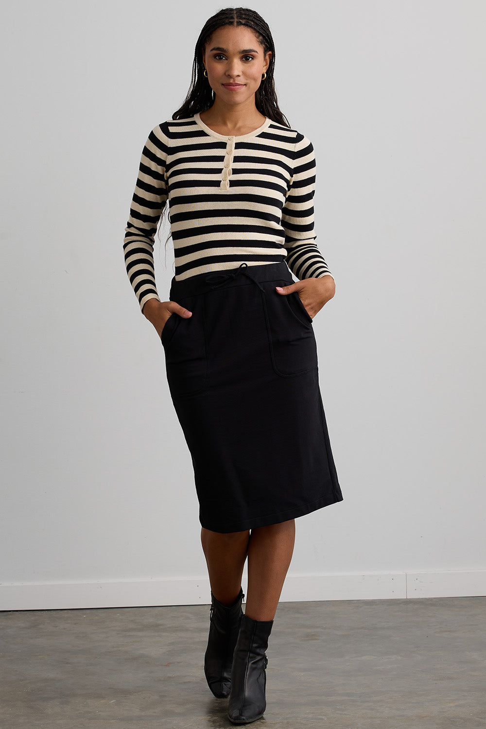 Women's Organic Cotton Stripe Henley Sweater | Black/Undyed | Fair Indigo | Ethically Made Clothing | Fair Trade Clothes