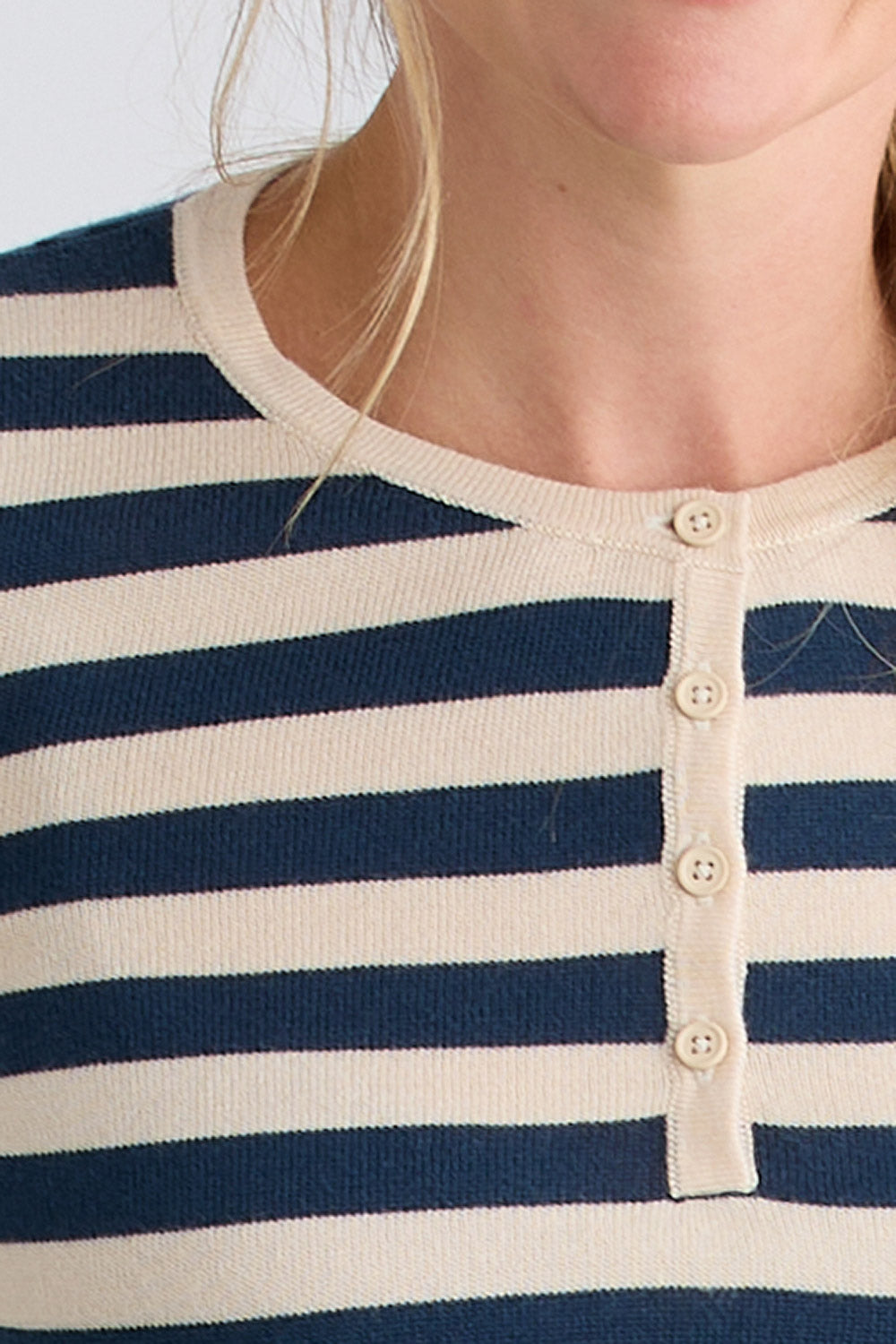 Women's Organic Cotton Stripe Henley Sweater | Indigo Blue | Fair Indigo | Ethically Made Clothing | Fair Trade Clothes