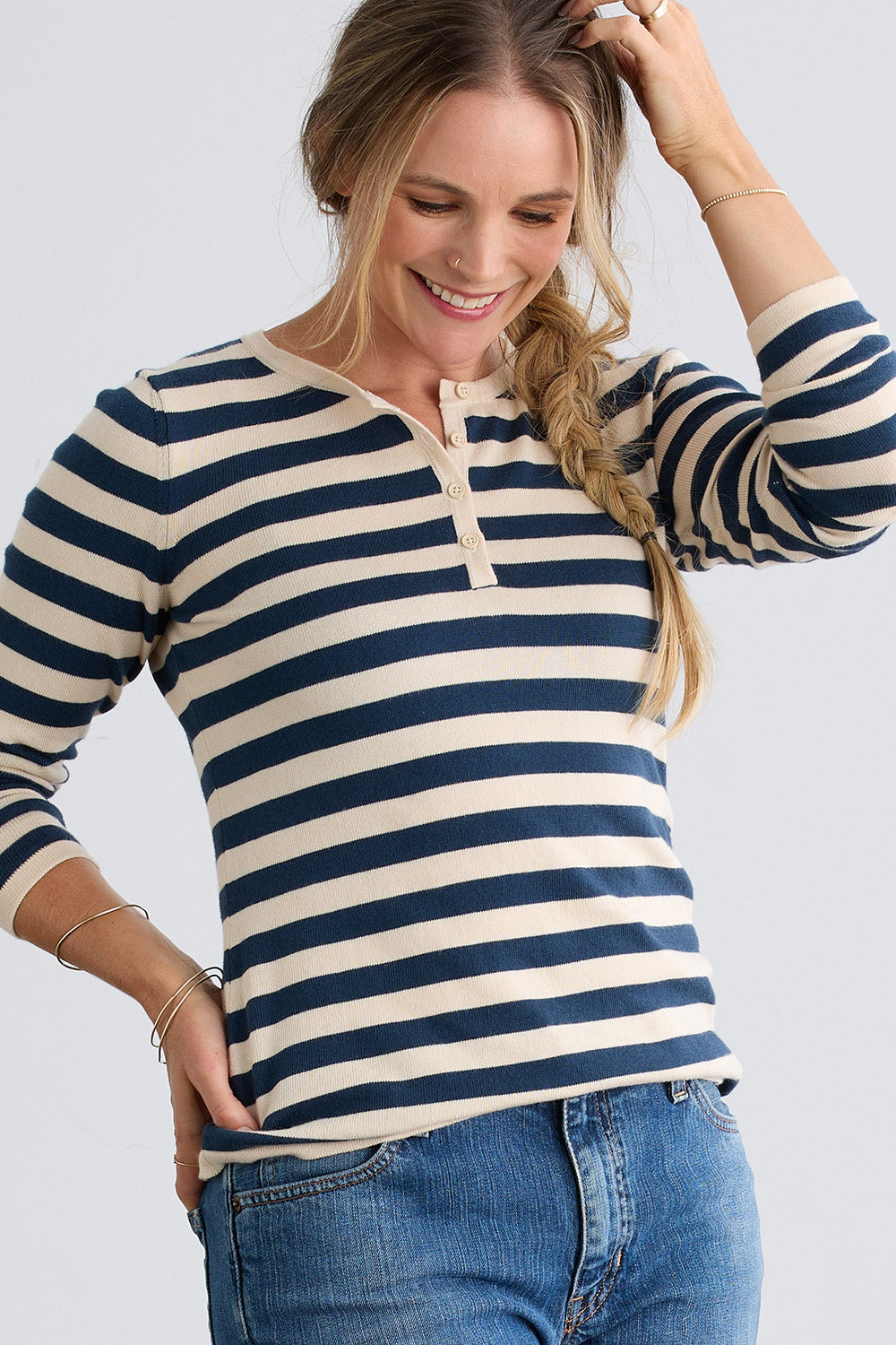Women's Organic Cotton Stripe Henley Sweater | Indigo Blue | Fair Indigo | Ethically Made Clothing | Fair Trade Clothes