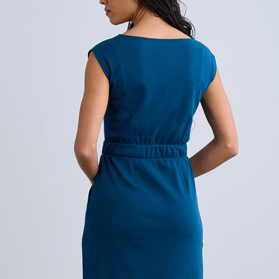 Women's Organic Cotton 100% Cotton Cap Sleeve Pocket Dress | Peacock Blue | Fair Indigo | Ethically Made Clothing | Fair Trade Clothes