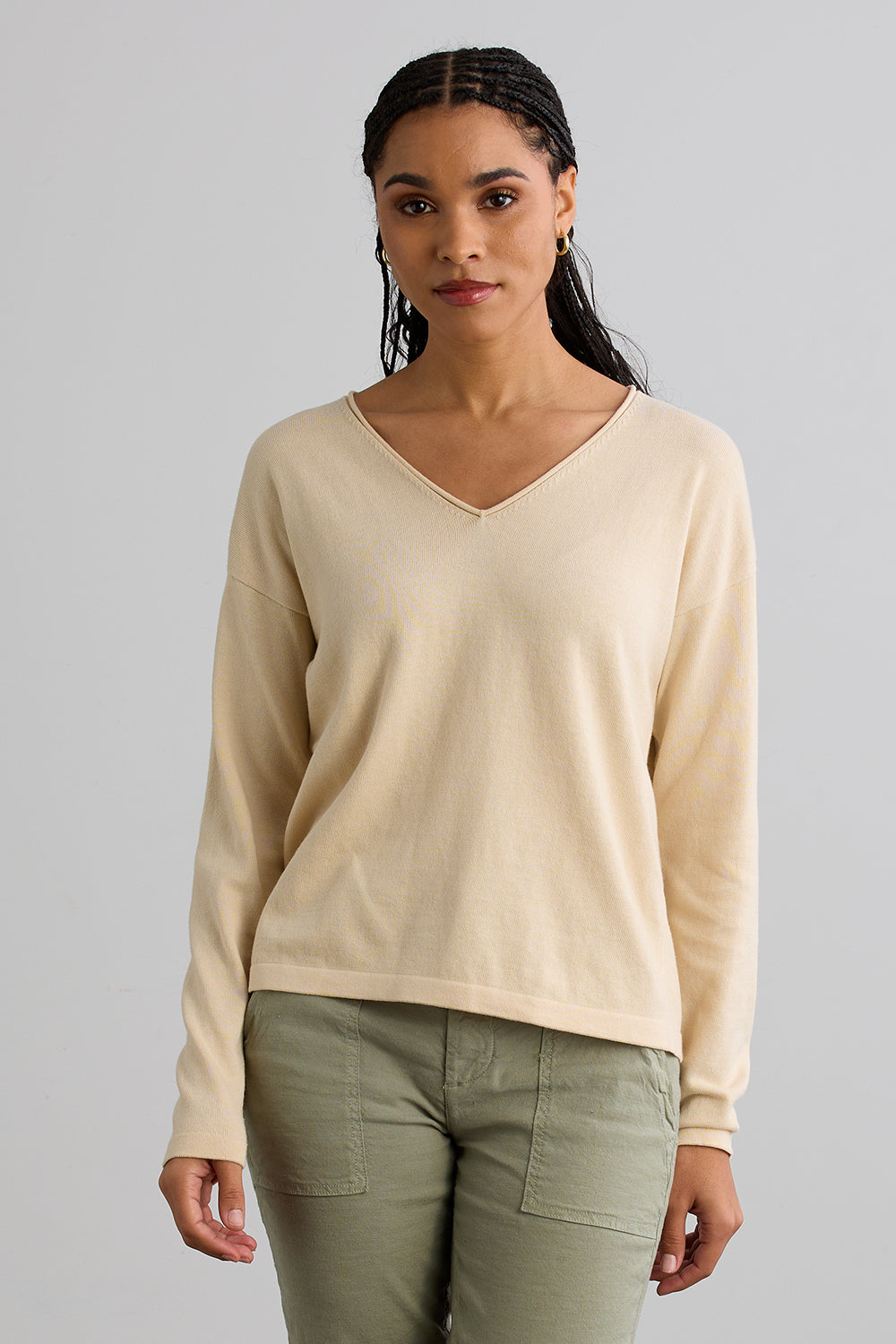 Women's Organic Cotton 100% Cotton Relaxed V-neck Sweater | Undyed Dye Free No Dye | Fair Indigo | Ethically Made Clothing | Fair Trade Clothes