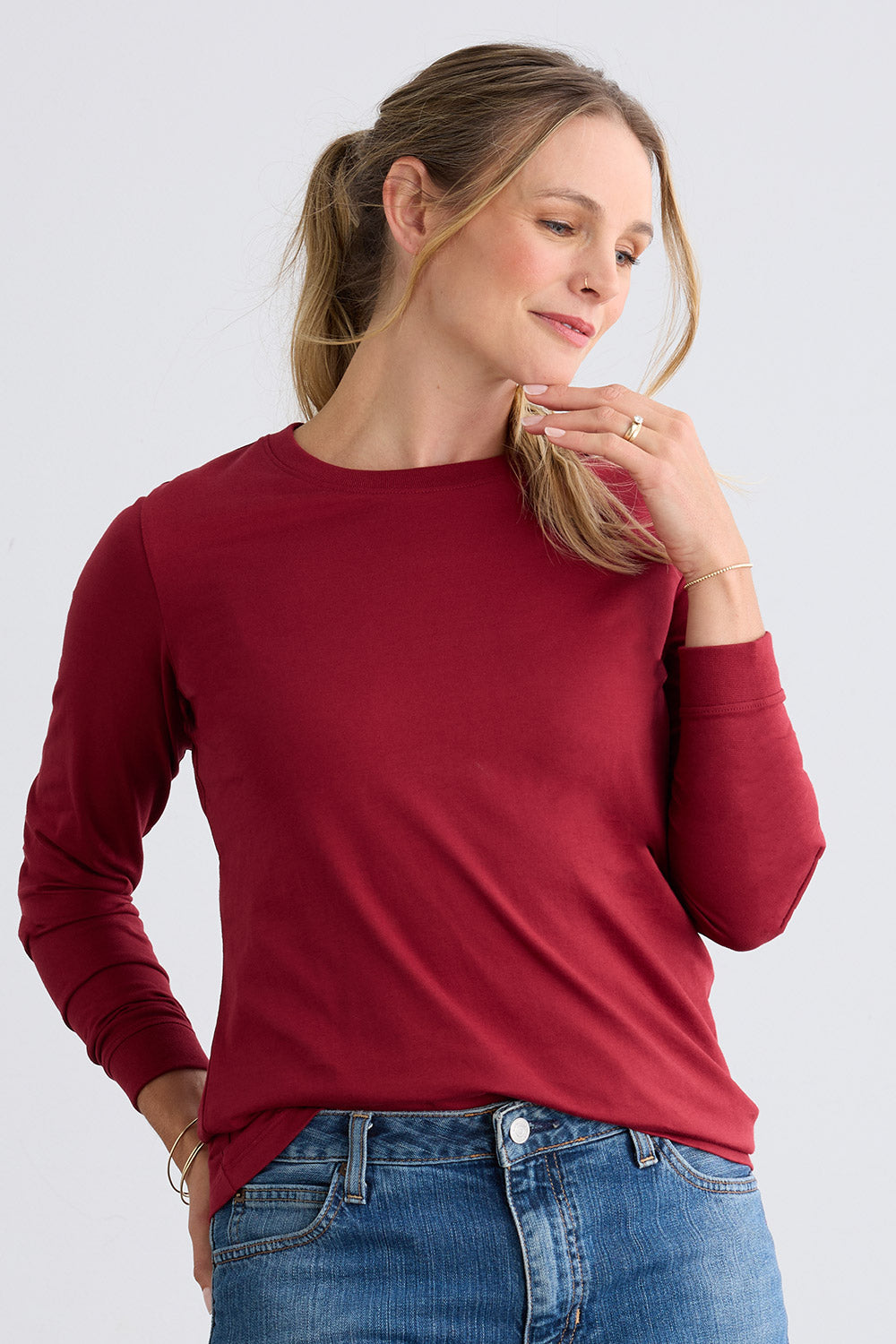 Women's Organic Cotton 100% Cotton Ultra Pura Long Sleeve T-shirt | Bonfire Red | Fair Indigo | Ethically Made Clothing | Fair Trade Clothes