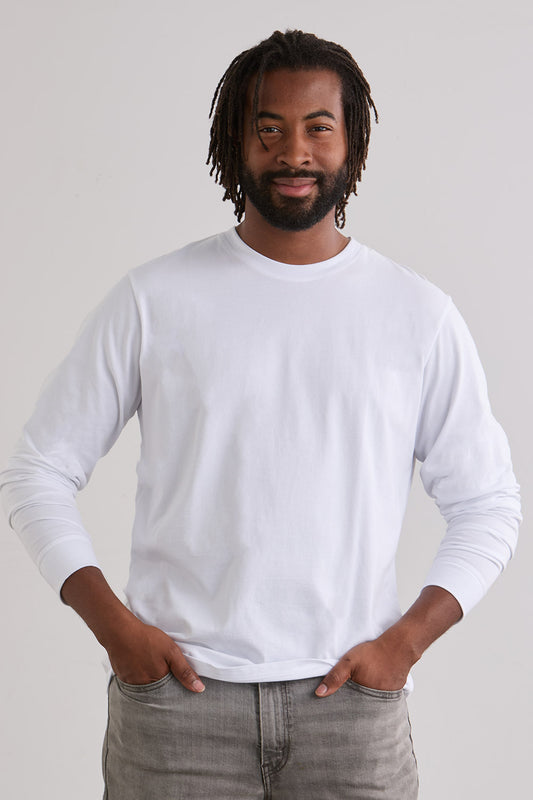 Men's Organic Cotton 100% Cotton Ultra Pura Long Sleeve T-shirt | White | Fair Indigo | Ethically Made Clothing | Fair Trade Clothes
