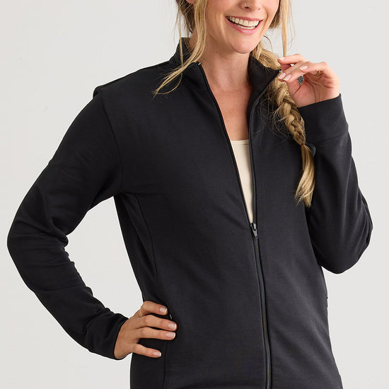 Women's Organic Cotton French Terry Zip Jacket | Black | Fair Indigo | Ethically Made Clothing | Fair Trade Clothes
