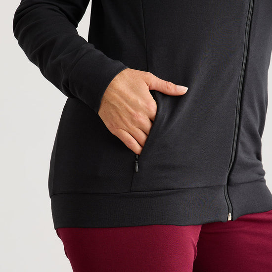 Women's Organic Cotton French Terry Zip Jacket | Black | Fair Indigo | Ethically Made Clothing | Fair Trade Clothes