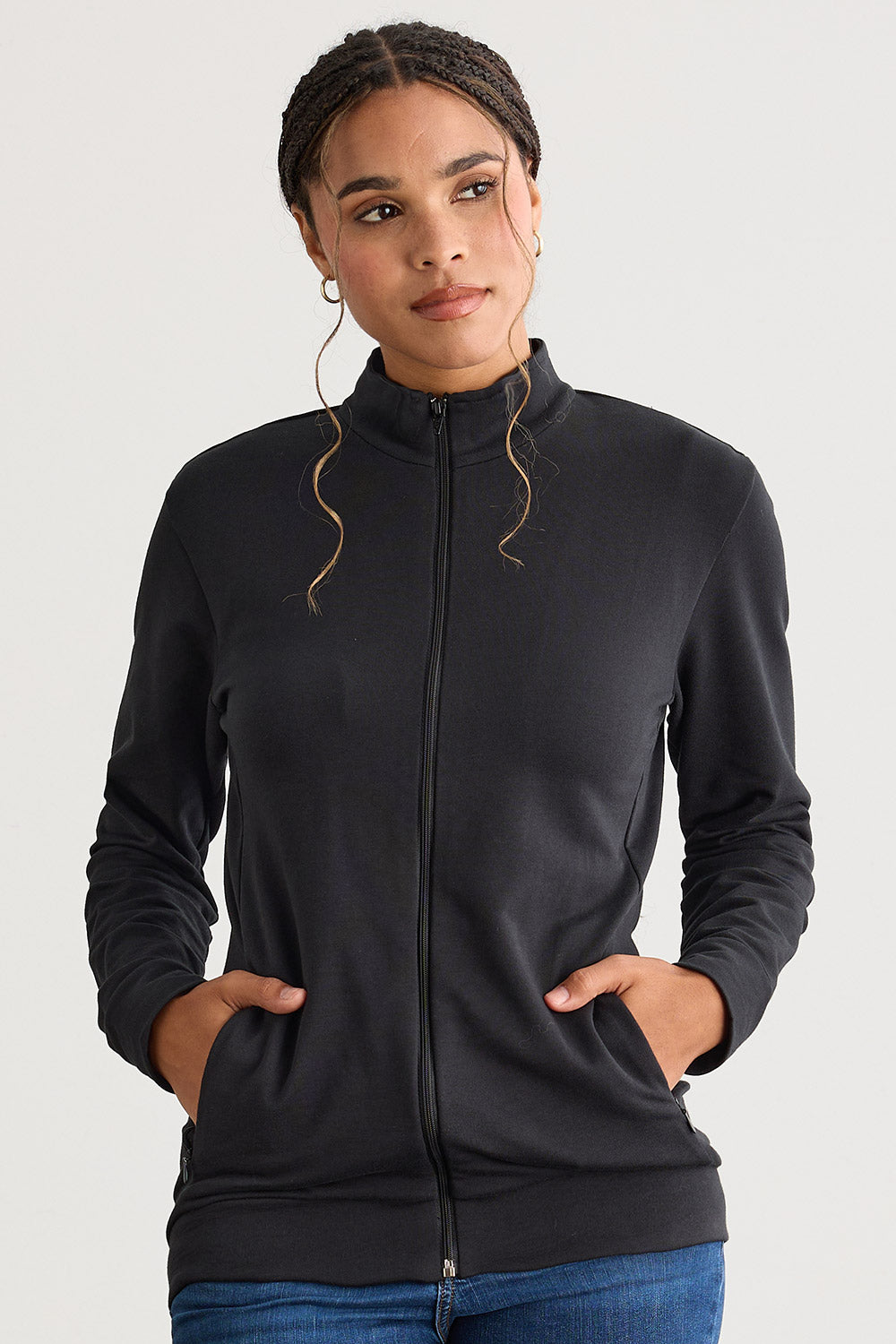 Women's Organic Cotton French Terry Zip Jacket | Black | Fair Indigo | Ethically Made Clothing | Fair Trade Clothes