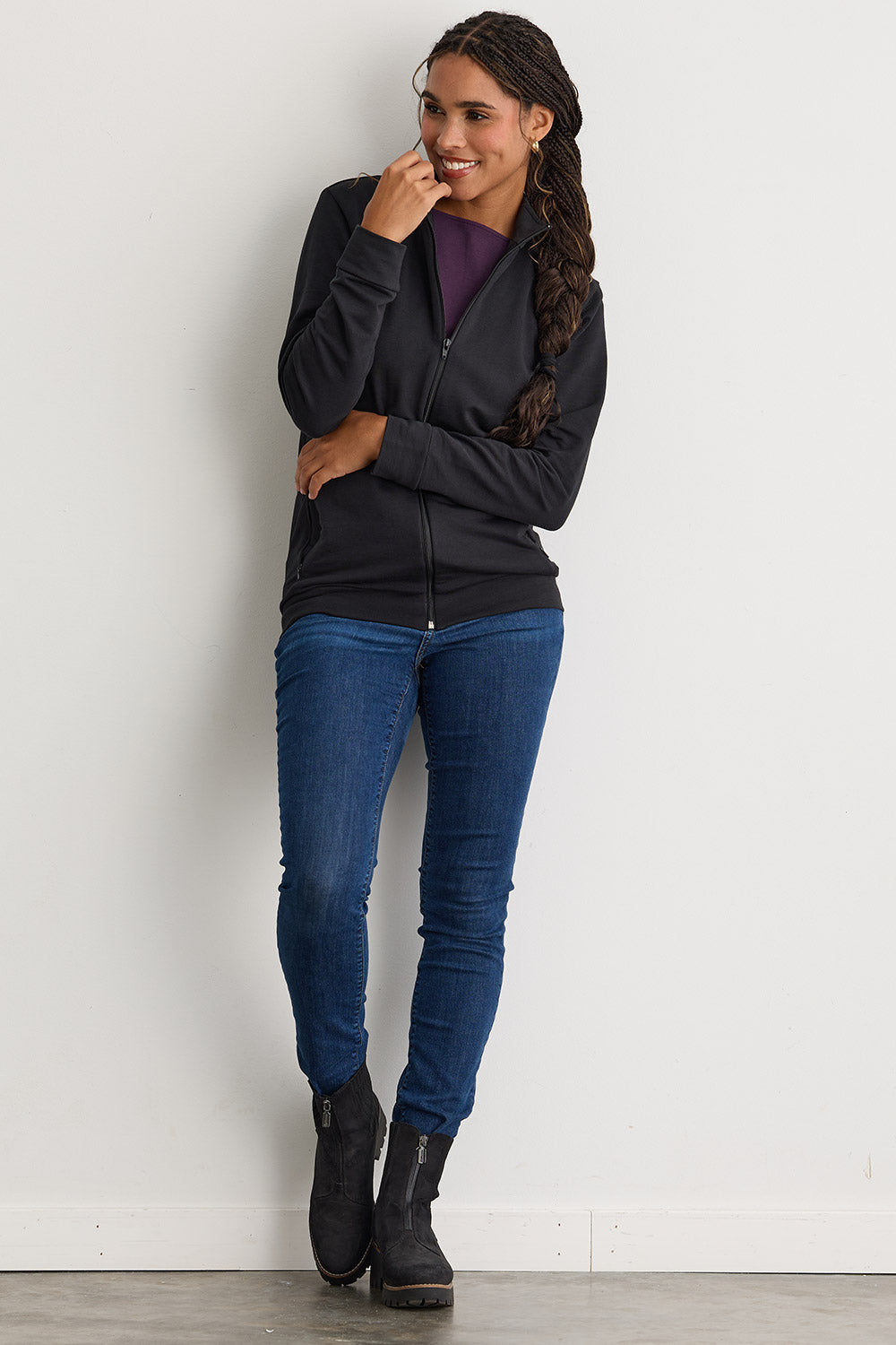 Women's Organic Cotton French Terry Zip Jacket | Black | Fair Indigo | Ethically Made Clothing | Fair Trade Clothes