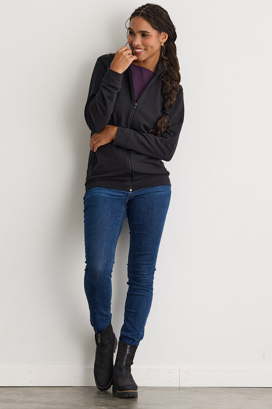 Women's Organic Cotton French Terry Zip Jacket | Black | Fair Indigo | Ethically Made Clothing | Fair Trade Clothes