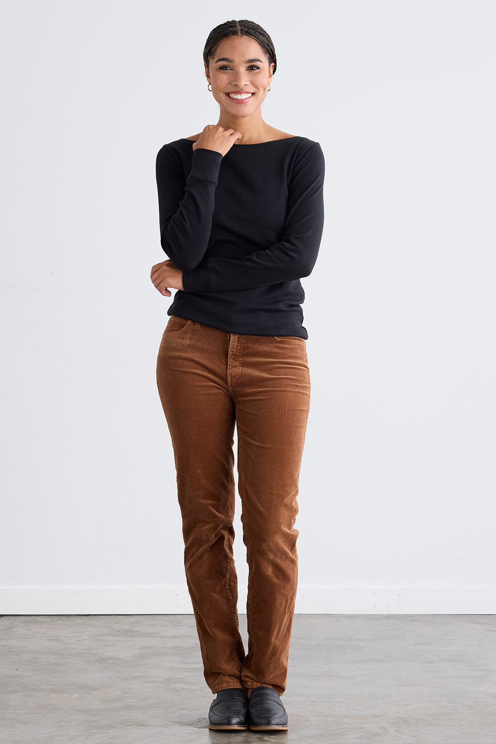 Women's Organic Cotton Luxe 100% Cotton Long Sleeve Boat Neck Tee | Black | Fair Indigo | Ethically Made Clothing | Fair Trade Clothes