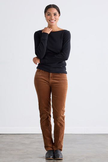 Women's Organic Cotton Luxe 100% Cotton Long Sleeve Boat Neck Tee | Black | Fair Indigo | Ethically Made Clothing | Fair Trade Clothes