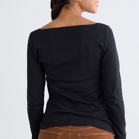 Women's Organic Cotton Luxe 100% Cotton Long Sleeve Boat Neck Tee | Black | Fair Indigo | Ethically Made Clothing | Fair Trade Clothes