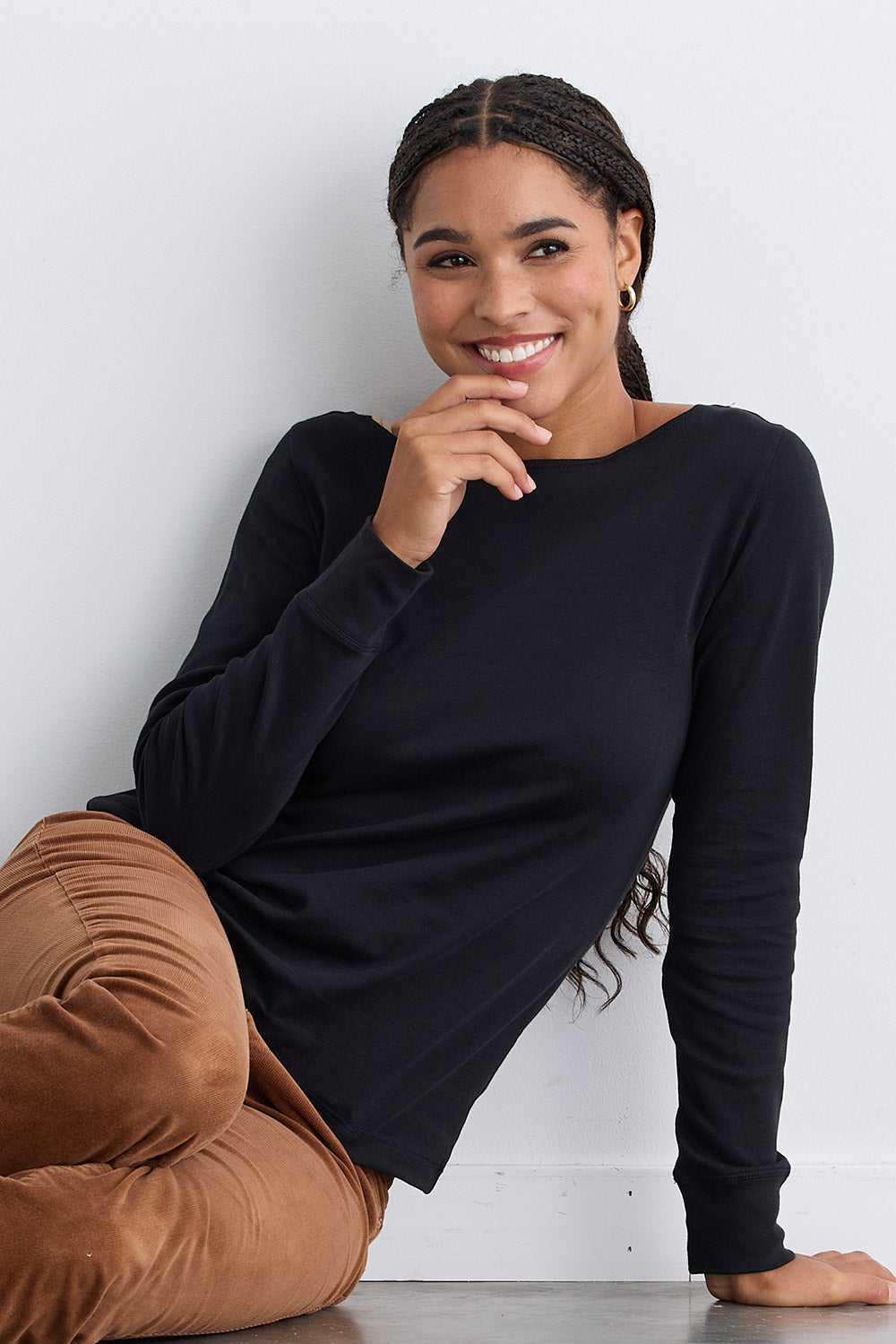 Women's Organic Cotton Luxe 100% Cotton Long Sleeve Boat Neck Tee | Black | Fair Indigo | Ethically Made Clothing | Fair Trade Clothes