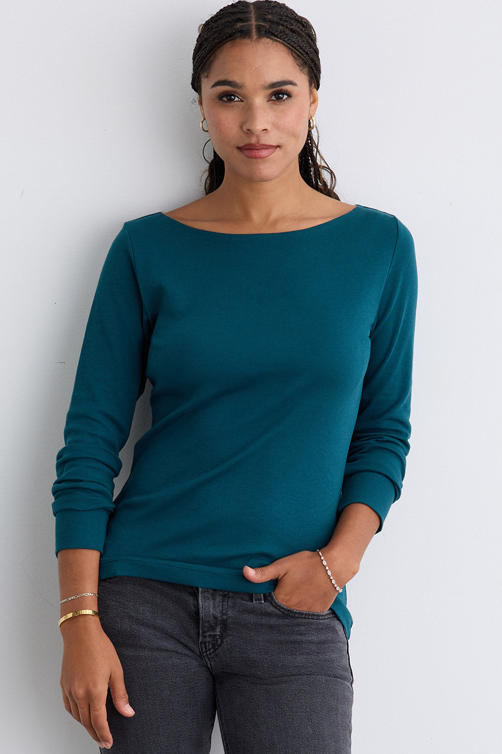 Women's Organic Cotton Luxe 100% Cotton Long Sleeve Boat Neck Tee | Deep Teal Green | Fair Indigo | Ethically Made Clothing | Fair Trade Clothes