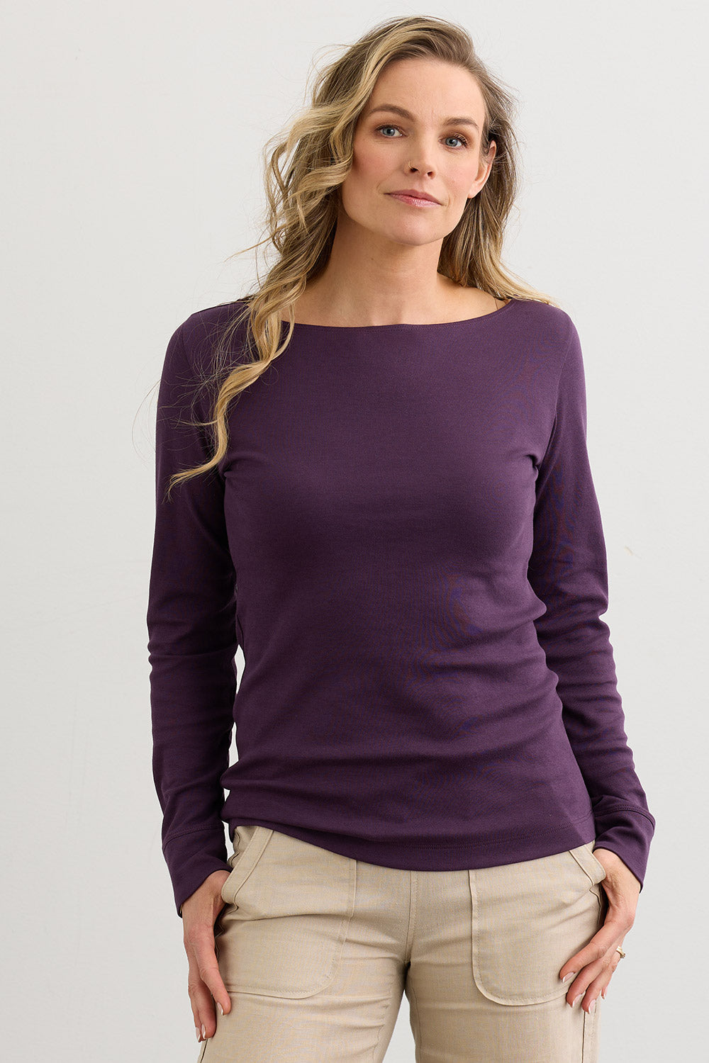 Women's Organic Cotton Luxe 100% Cotton Long Sleeve Boat Neck Tee | Eggplant Purple | Fair Indigo | Ethically Made Clothing | Fair Trade Clothes