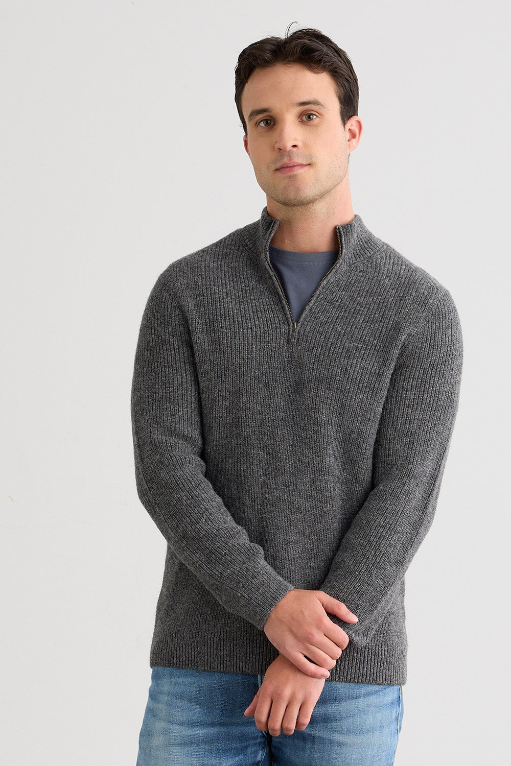 Men's Baby Alpaca Half Zip Sweater | Grey | Fair Indigo | Ethically Made Clothing | Fair Trade Clothes