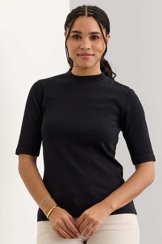 Women's Luxe 100% Organic Cotton Half Sleeve Mock Neck Top | Black | Fair Indigo | Ethically Made Clothing | Fair Trade Clothes