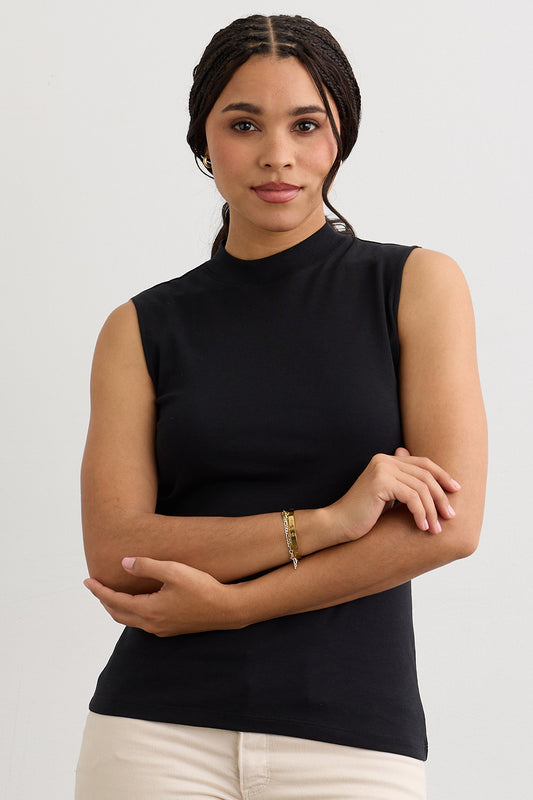 Women's Luxe 100% Organic Cotton Sleeveless Mock Neck Top | Black | Fair Indigo | Ethically Made Clothing | Fair Trade Clothes