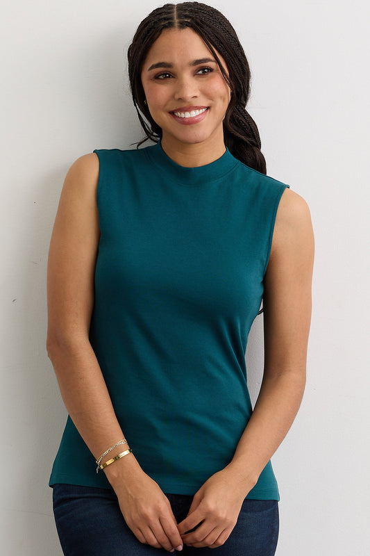 Women's Luxe 100% Organic Cotton Sleeveless Mock Neck Top | Deep Teal Green | Fair Indigo | Ethically Made Clothing | Fair Trade Clothes