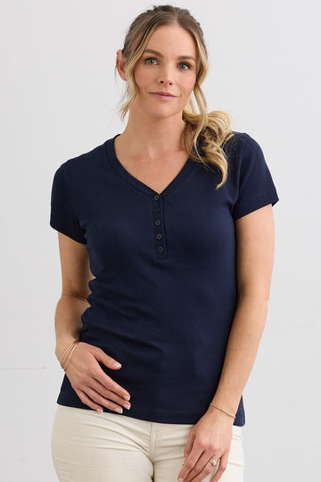 Women's Luxe 100% Organic Cotton Short Sleeve Henley | Dark Navy Blue | Fair Indigo | Ethically Made Clothing | Fair Trade Clothes