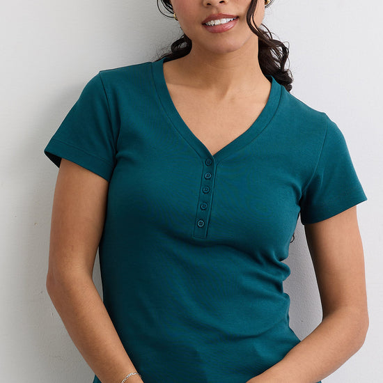Women's Luxe 100% Organic Cotton Short Sleeve Henley | Deep Teal Green | Fair Indigo | Ethically Made Clothing | Fair Trade Clothes
