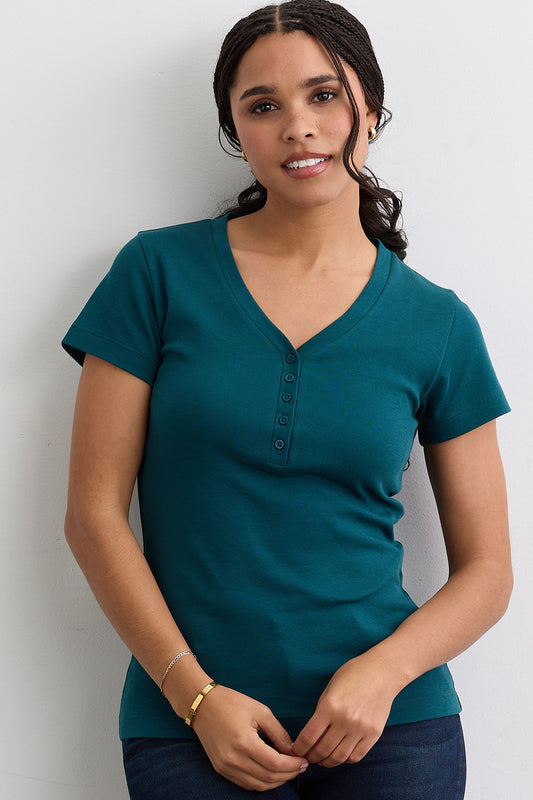 Women's Luxe 100% Organic Cotton Short Sleeve Henley | Deep Teal Green | Fair Indigo | Ethically Made Clothing | Fair Trade Clothes
