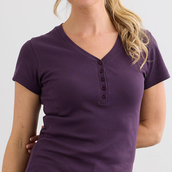 Women's Luxe 100% Organic Cotton Short Sleeve Henley | Eggplant Purple | Fair Indigo | Ethically Made Clothing | Fair Trade Clothes