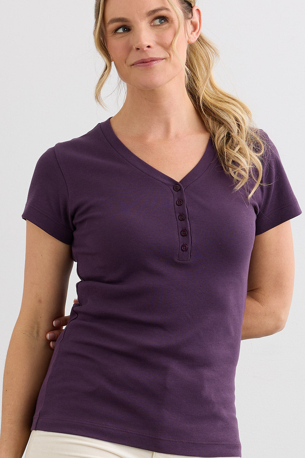 Women's Luxe 100% Organic Cotton Short Sleeve Henley | Eggplant Purple | Fair Indigo | Ethically Made Clothing | Fair Trade Clothes