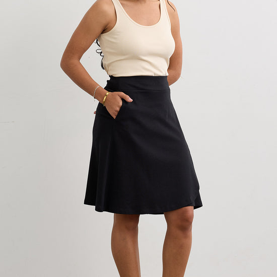 Women's 100% Organic Cotton Knit Faux Wrap Skirt | Black | Fair Indigo | Ethically Made Clothing | Fair Trade Clothes