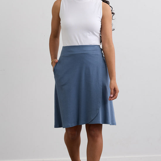 Women's 100% Organic Cotton Knit Faux Wrap Skirt | Storm Blue | Fair Indigo | Ethically Made Clothing | Fair Trade Clothes