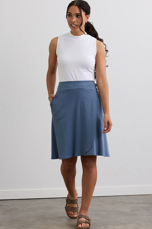 Women's 100% Organic Cotton Knit Faux Wrap Skirt | Storm Blue | Fair Indigo | Ethically Made Clothing | Fair Trade Clothes