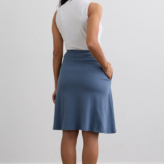 Women's 100% Organic Cotton Knit Faux Wrap Skirt | Storm Blue | Fair Indigo | Ethically Made Clothing | Fair Trade Clothes