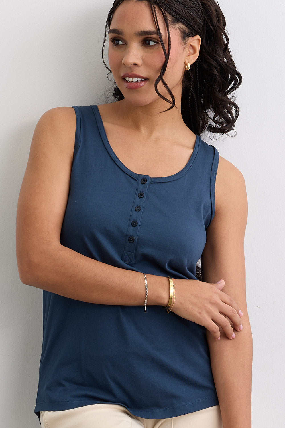 Women's Organic Cotton 100% Cotton Sleeveless Henley Tank | Indigo Blue | Fair Indigo | Ethically Made Clothing | Fair Trade Clothes