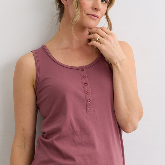 Women's Organic Cotton 100% Cotton Sleeveless Henley Tank | Soft Plum Pink Purple | Fair Indigo | Ethically Made Clothing | Fair Trade Clothes