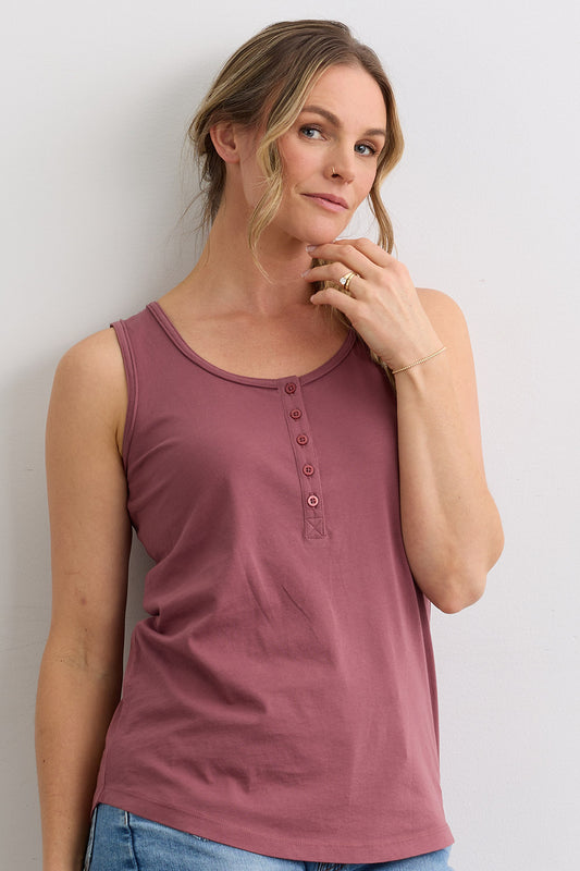 Women's Organic Cotton 100% Cotton Sleeveless Henley Tank | Soft Plum Pink Purple | Fair Indigo | Ethically Made Clothing | Fair Trade Clothes