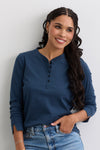 Women's Organic Cotton 100% Cotton Long Sleeve Henley | Indigo Blue | Fair Indigo | Ethically Made Clothing | Fair Trade Clothes
