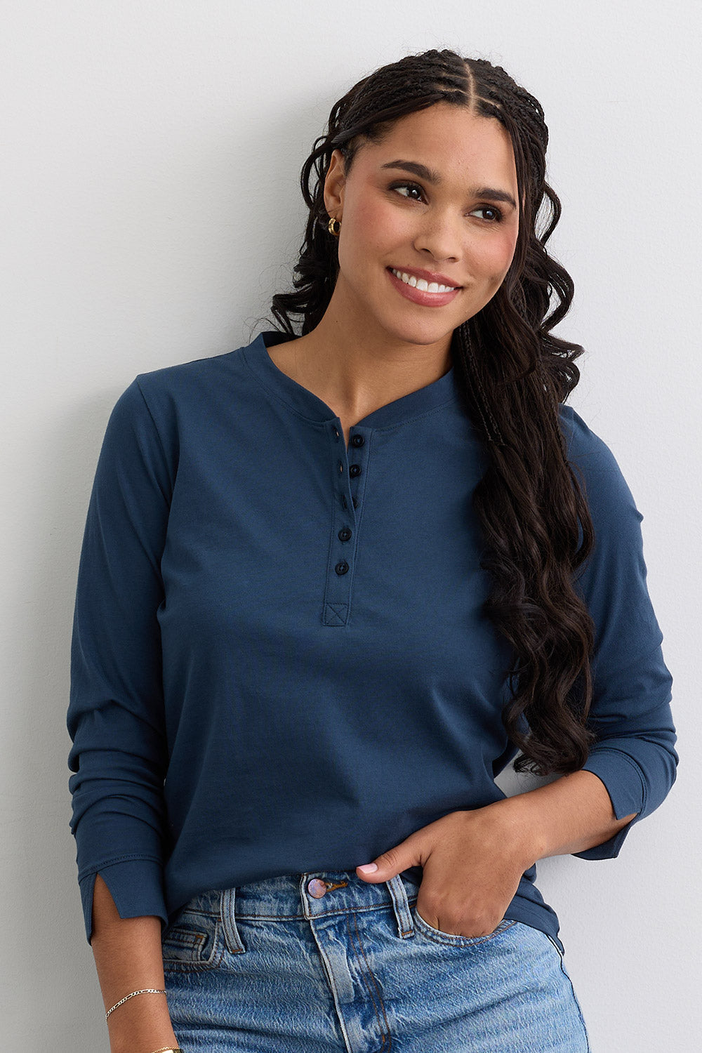 Women's Organic Cotton 100% Cotton Long Sleeve Henley | Indigo Blue | Fair Indigo | Ethically Made Clothing | Fair Trade Clothes