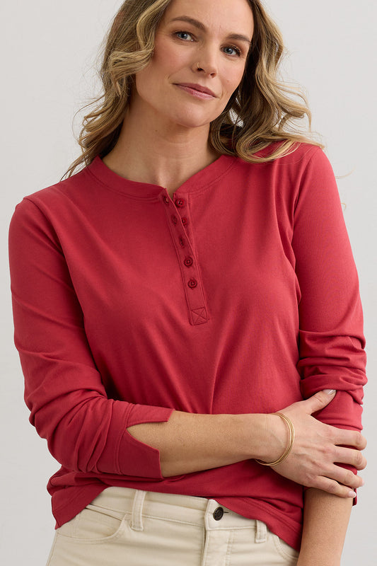 Women's Organic Cotton 100% Cotton Long Sleeve Henley | Vintage Red | Fair Indigo | Ethically Made Clothing | Fair Trade Clothes