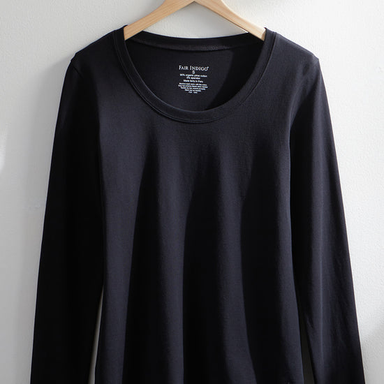 Women's Organic Cotton Long Sleeve Scoop Neck Tee | Black | Fair Indigo | Ethically Made Clothing | Fair Trade Clothes