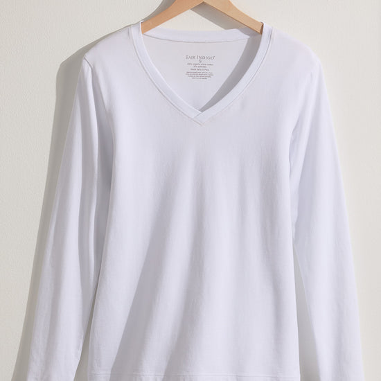 Women's Organic Cotton Long Sleeve V-neck T-shirt | White | Fair Indigo | Ethically Made Clothing | Fair Trade Clothes