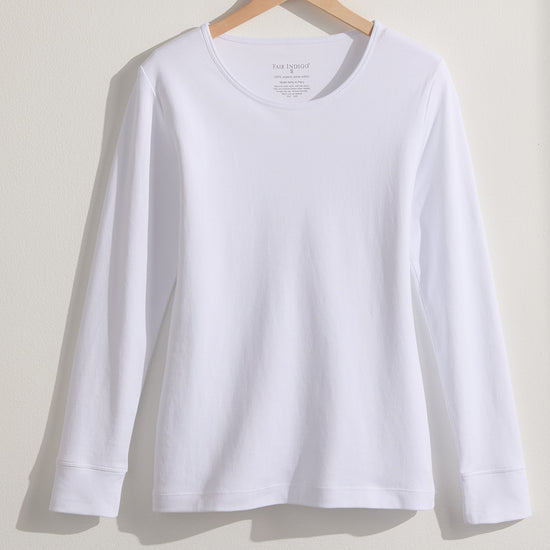 Women's Luxe 100% Organic Cotton Jewel Neck Long Sleeve Tee | White | Fair Indigo | Ethically Made Clothing | Fair Trade Clothes