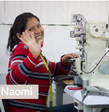 A woman in a red striped sweater sits at a sewing machine, smiling and waving at the camera. The name Naomi appears in text on the lower left.