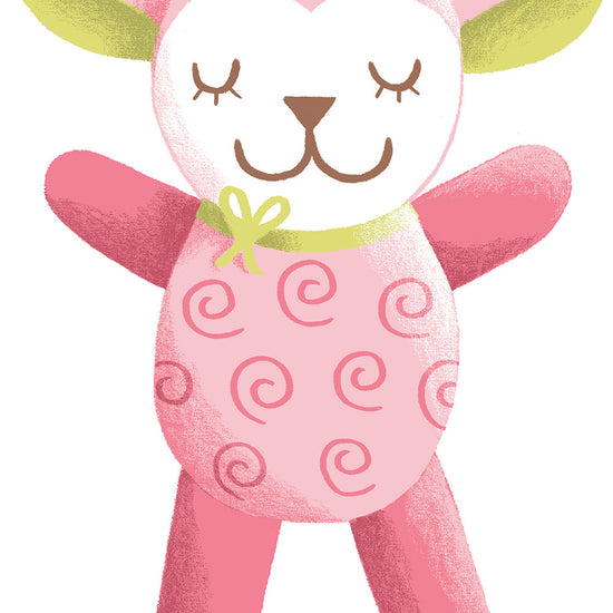 Illustration of a pink stuffed lamb with green inner ears, a yellow bow around its neck, and spiral patterns on its body, eyes closed and arms outstretched.