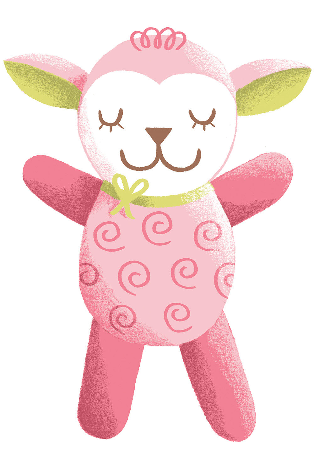Illustration of a pink stuffed lamb with green inner ears, a yellow bow around its neck, and spiral patterns on its body, eyes closed and arms outstretched.